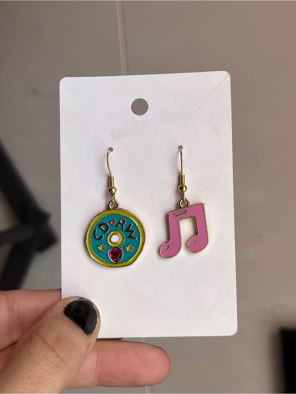 Cute Music Note & CD Dangle Earrings - Pink & Teal